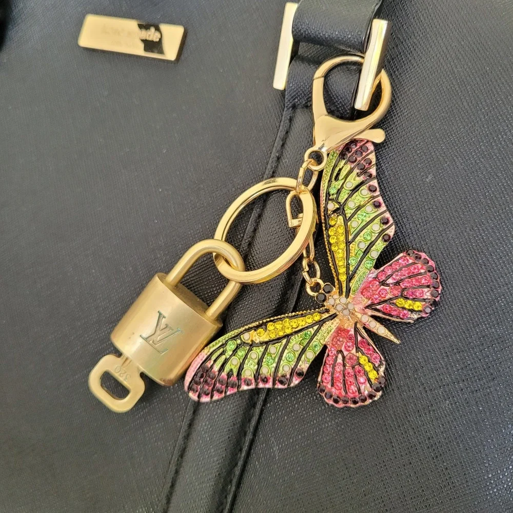 Louis Vuitton Brass Padlock Key Butterfly Bag Charm Keychain Gold Rhinestone 320